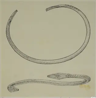 Drawing of two bronze bracelets, one an open ring and one with a head at each end.