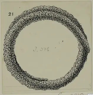 Stippled ink drawing of a bronze ring with an uneven outer edge and a pencilled label in the centre.