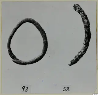 Two corroded bronze objects from Ayios Iakovos: a closed ring and a curved fragment, each beside a number label