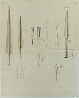 Drawing of spearheads, tools and pins laid out in rows, with scale fractions written beside them.