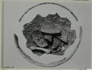 Pottery sherds with two curved corroded bands around them and a bone fragment, photographed before conservation