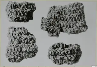 Four corroded metal fragments of a mail shirt from Amatoth, showing rows of rounded rings
