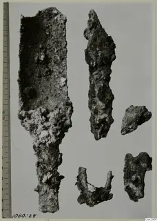 Five corroded metal fragments on a pale background, with a scale bar running along the left edge.