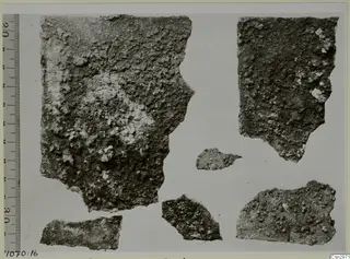 Six broken sherds with rough, crusted surfaces laid out beside a measuring scale.