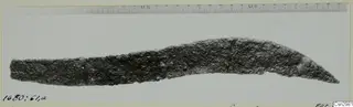 Corroded metal object, long and slightly curved with a pointed end, lying along a ruler.
