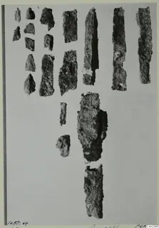 Corroded metal fragments and thin strips laid out in rows on a pale background, with a ruled scale bar along the left edge