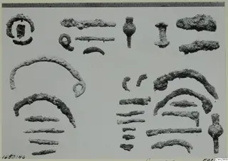 Corroded metal loops, arcs, rods and pins laid out on a pale surface, photographed before conservation