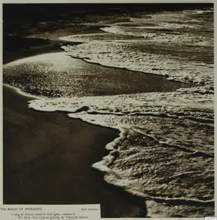 Waves breaking in white foam over dark wet sand on a beach, printed as a plate titled The beach of Aphrodite.
