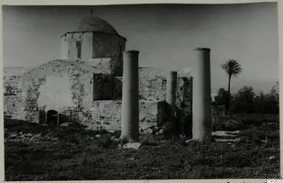 Domed stone building with tall column drums and a palm tree, at Paphos