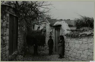 Boy and woman standing in a stone-walled village lane at Paphos, beside a whitewashed building and a bare tree