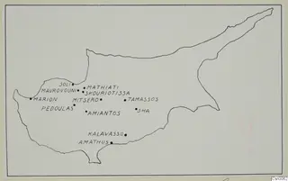 Line drawing map of Cyprus with dots marking copper mining centres and their place names.