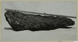 Rough dark lump lying on a pale surface, with a numbered ruler laid across the top of the picture