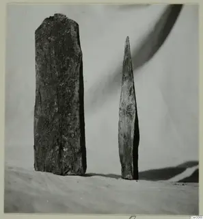 Two ancient wooden wedges standing upright on a pale surface, one thick and blocky, one slender and pointed