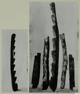 Ancient ladders at Mavrovouni: two photographs of dark wooden pieces with notched steps, one with a measuring rod beside it.