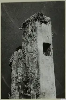 Weathered wooden timber with a rectangular hole cut into its side, and a second piece of wood behind it
