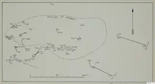 Plan of the orebody at Skouriotissa with ancient underground workings, marked caves, charcoal spots and surface lines