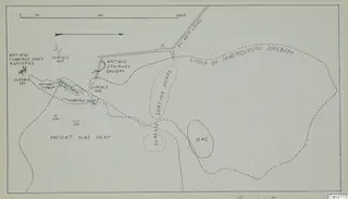 Plan of ancient workings at Mavrovouni showing shafts, galleries, slag heaps and a dashed boundary line.