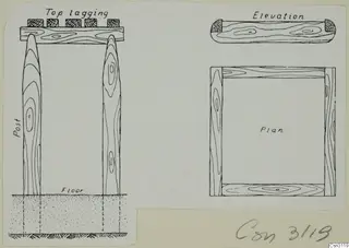 Drawing of a timber post set used in Cypriote mining, with elevation and plan views.
