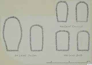 Field drawing of cross sections of ancient galleries, with lettered captions and a scale bar.
