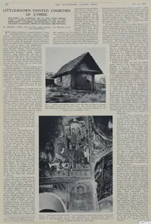 Printed magazine page with photographs of a mountain church and a church wall painting, beside article text