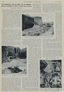 Printed magazine page with an article and photographs of a ruined stone bastion, workers clearing a shaft, and a painted scene.