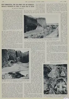 Printed magazine page of an article on medieval monuments of Cyprus, with three photographs of stonework and a painted wall.