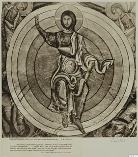 Reproduced wall-painting of the Ascension at Lagoudhera: a haloed figure within concentric rings, with angels in the corners