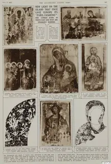 Printed page of photographs of medieval Cypriot icons and textile patterns, with headline and captions
