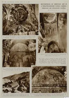 Printed page with several photographs of church wall paintings and a mountain church, with article text in columns.