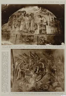 Printed page with two photographs of painted wall decoration and a narrow column of text on the left.