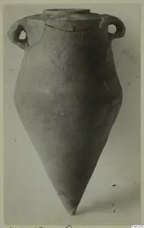 Pottery pithos with a pointed base and two small loop handles on the shoulder