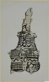 Drawing of a White Painted pottery vessel with a tall neck, knob-like projections and painted bands of cross-hatching and wavy lines