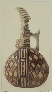 Painted drawing of a pottery vessel with a tall curved neck, loop handle and lattice decoration, White Painted III-2 type