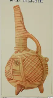 Drawing of a White Painted III vessel with a tall neck, loop handle and three feet, decorated in red bands and cross-hatching