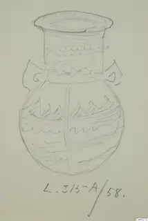 Field drawing of a White Painted III-2 pottery vessel from Lapithos, with two handles and painted bands
