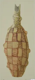 Watercolour drawing of a pottery vessel with a grid of red-brown bands and wavy stripes on a cream ground.