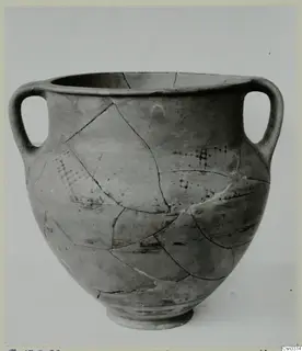 Two-handled pottery amphora-crater from Enkomi with a dark surface and mended cracks