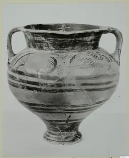Two-handled painted pottery amphora-crater from Enkomi, with dark horizontal bands and arc motifs on the shoulder