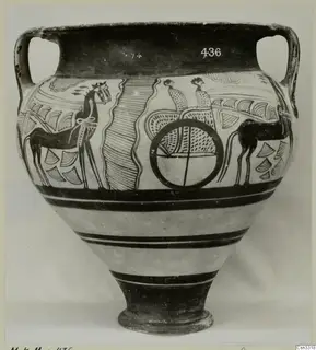 Two-handled Levanto-Helladic amphora-crater with painted horses and a chariot with a wheel around its body
