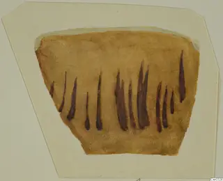Painted drawing of a pottery sherd with dark brown vertical strokes on a buff surface