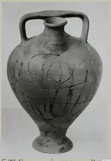 Levanto-Helladic bowl-jar with two handles and a narrow neck, reconstructed from joined sherds with dark painted bands