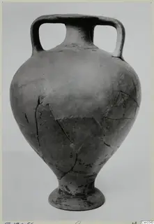 Pottery bowl-jar from Enkomi with two handles, a tall narrow neck and a flaring foot, seen from the front