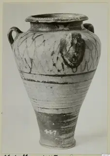 Levanto-Helladic bowl-jar with two handles and painted wavy and banded decoration, shown on a mounted photo card