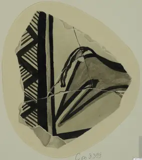 Drawing of a painted pottery sherd with black bands and hatched triangles on a cream mount