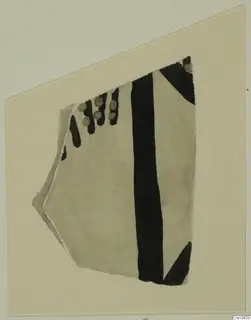 Drawing of a pottery sherd with a broad black vertical band and dotted black strokes on a pale ground
