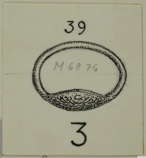 Field drawing of a finger ring with an oval bezel, on a pale card with number labels