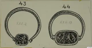 Ink drawing of two gold finger rings with engraved square and oval bezels.