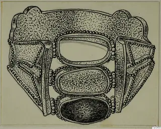 Ink drawing of a gold ornament with three oval frames edged in beaded wire and triangular side panels.