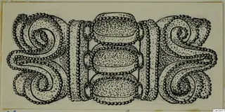 Drawing of a gold ornament with spiral scrolls at each end and three oval panels in the centre