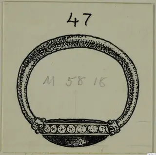 Drawing of a finger ring with a wide bezel of round studs and knobbed ends where the hoop joins.